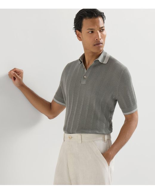 Brunello Cucinelli Gray Cotton Rib-Knit Polo Shirt for men