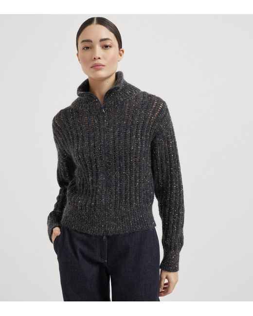 Brunello Cucinelli Black Sequin-Embellished High-Neck Cardigan