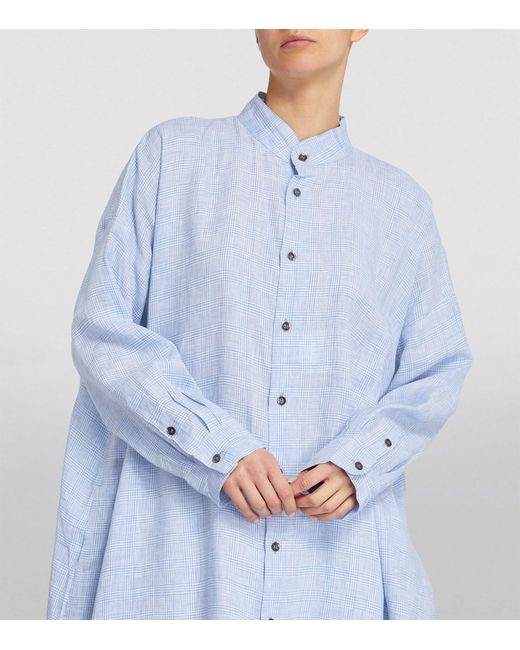 Eskandar Blue Linen Check Longline Shirt
