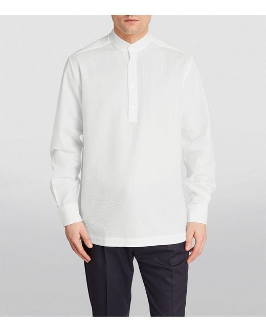Corneliani White Seersucker Collarless Shirt for men