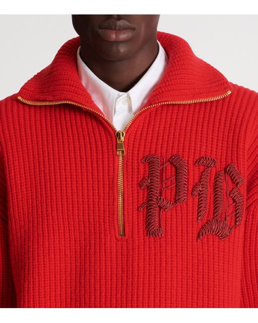 Balmain Red Virgin Wool Half-Zip Sweatshirt for men