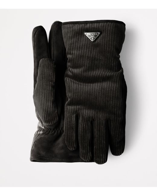 Prada Black Corduroy Logo Gloves for men