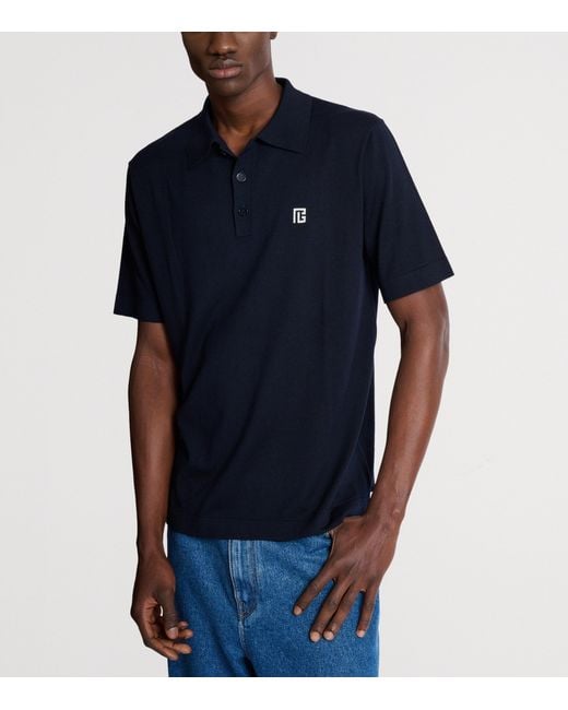 Balmain Blue Silk-Cotton Logo Polo Shirt for men