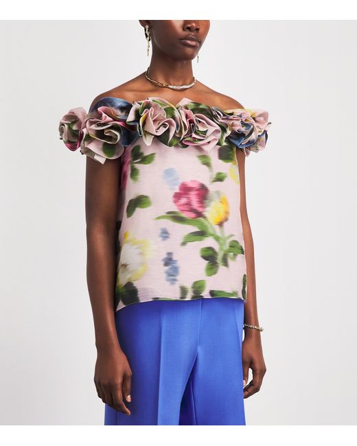 Carolina Herrera Pink Linen-Silk Floral Off-The-Shoulder Top