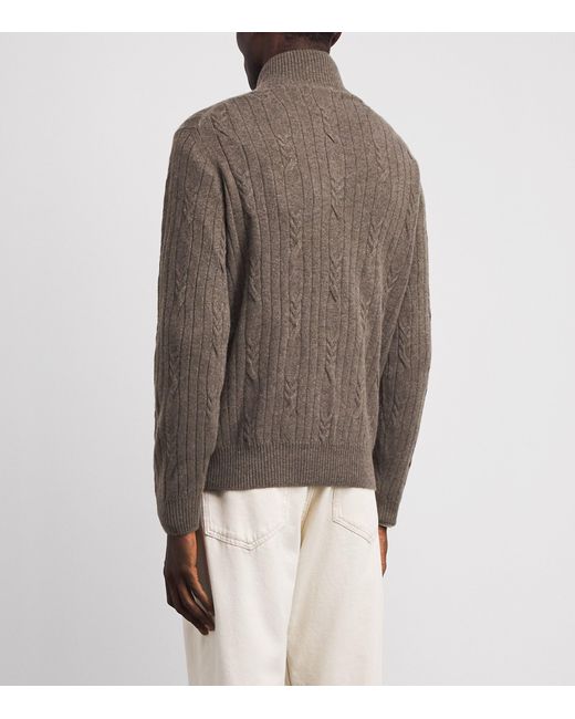 FIORONI CASHMERE Brown Cashmere Cable Knit Quarter-Zip Sweatshirt for men