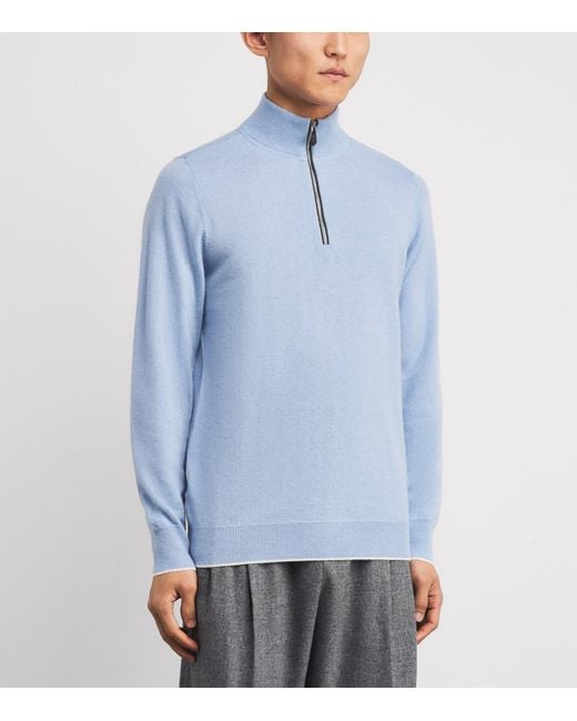 N.Peal Cashmere Blue Cashmere Quarter-Zip Carnaby Sweater for men