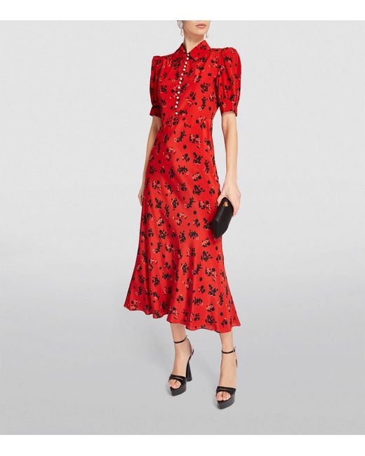 Alessandra Rich Red Silk Floral Maxi Dress