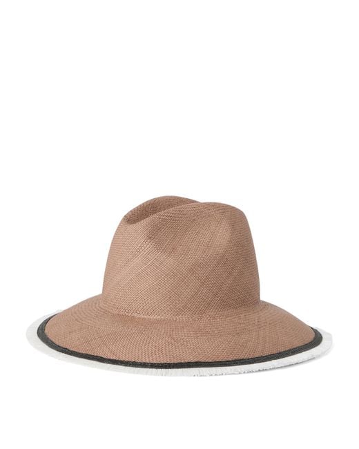 Brunello Cucinelli Brown Straw Embellished Fedora Hat