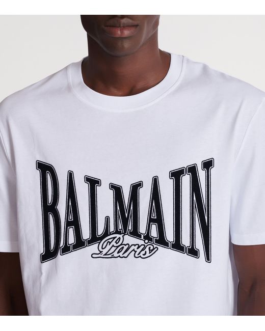 Balmain White Cotton Flocked Logo T-Shirt for men