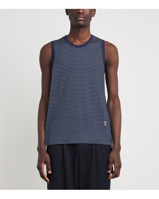 AMI Blue Cotton Stripe Ami De Coeur Tank Top for men