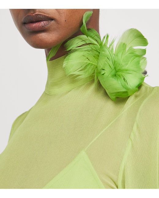 ‎Taller Marmo Green Silk Feather-Trim Lanzarote Garden Kaftan