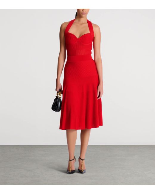 Balmain Halterneck Pleated Knit Midi Dress in Red | Lyst Balmain Halterneck Pleated Knit Midi Dress in Red | Lyst