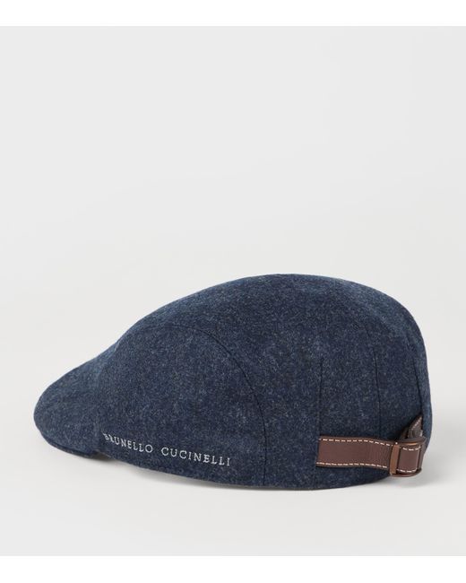 Brunello Cucinelli Blue Virgin Wool Embroidered Flat Cap for men