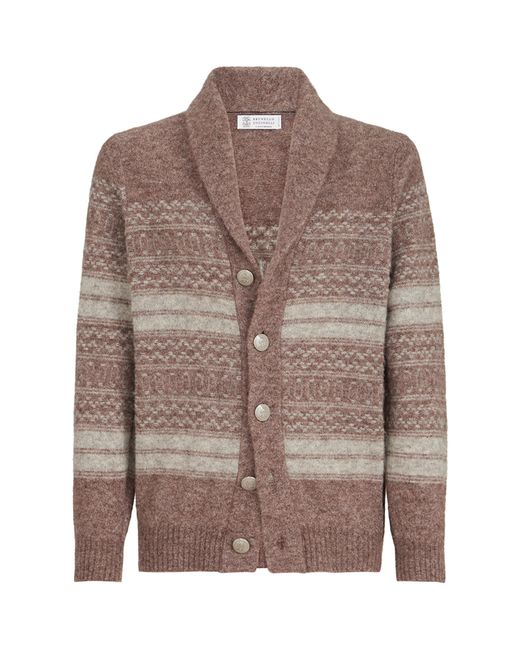 Brunello Cucinelli Brown Jacquard Shawl-Collar Cardigan for men