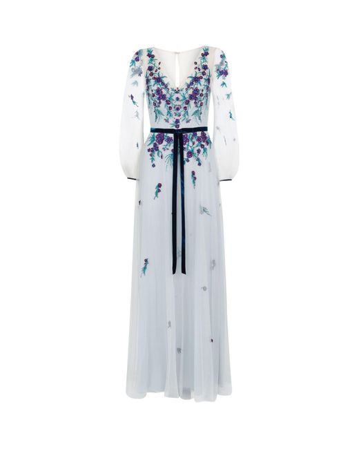 Marchesa notte Blue Beaded Embroidered Long Sleeve Gown
