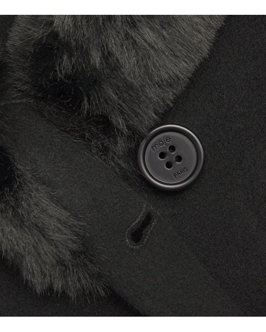 Maje Black Wool-Blend Faux Fur-Collar Coat