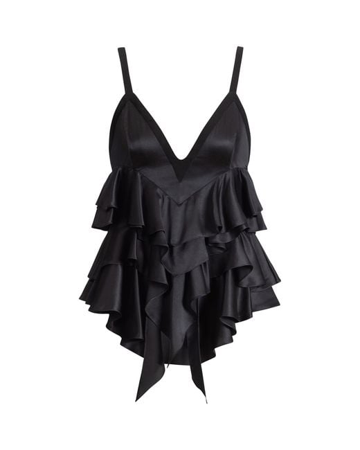Balmain Black Silk Satin Ruffled Top