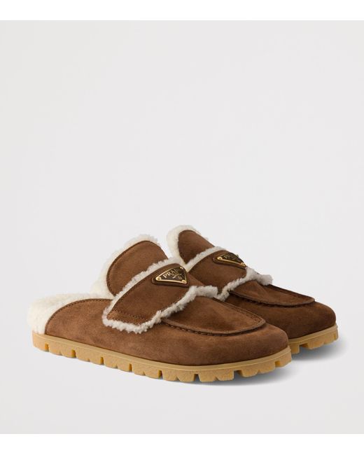 Prada Brown Suede Shearling-Lined Mules
