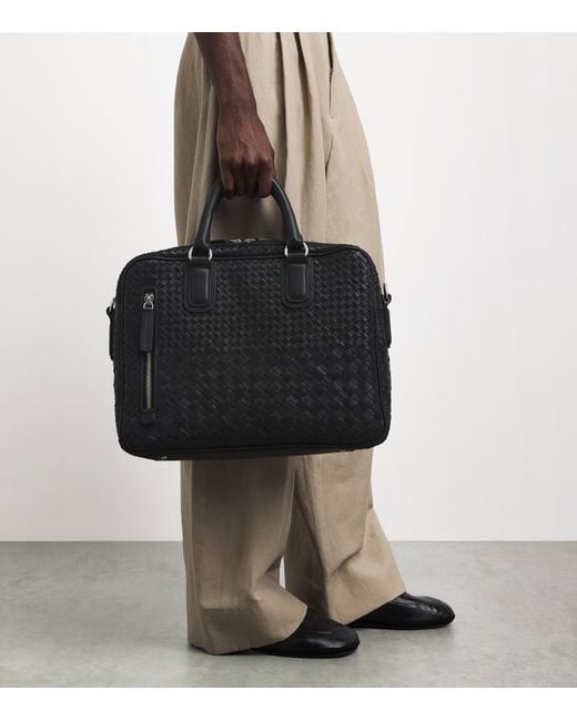 Officine Creative Black Leather Woven Armor Briefcase for men