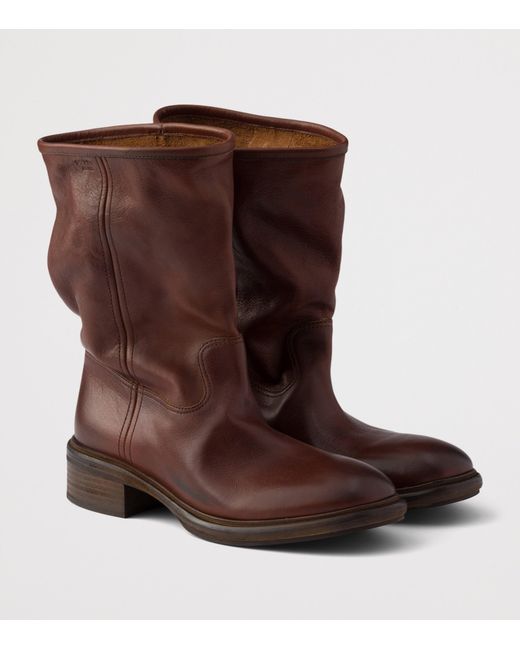 Prada Brown Leather Vintage-Effect Mid-Calf Boots 30