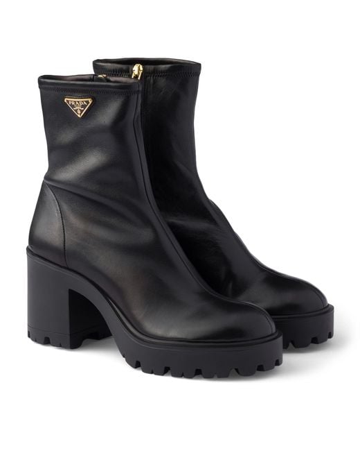 Prada Black Nappa Leather Logo Stretch Booties Ankle Boots 85