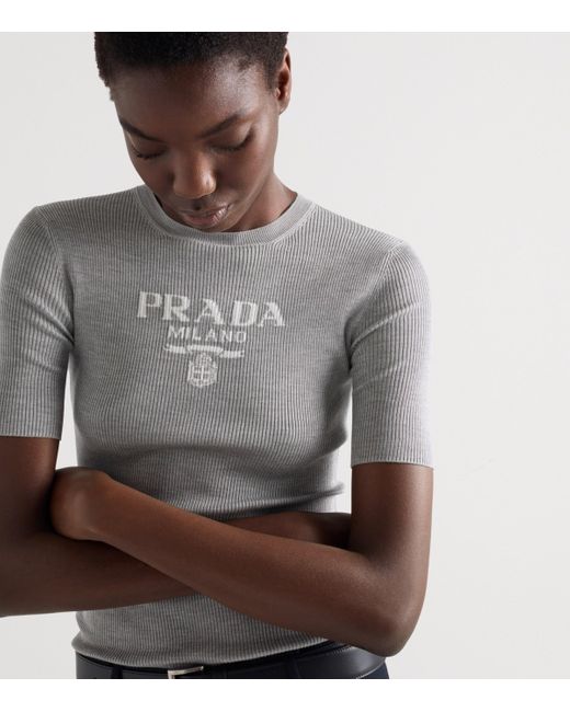 Prada Gray Silk Logo Longline T-Shirt