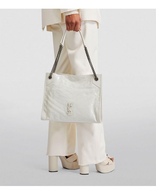 Saint Laurent White Niki Large Leather Monogram Shopper Bag