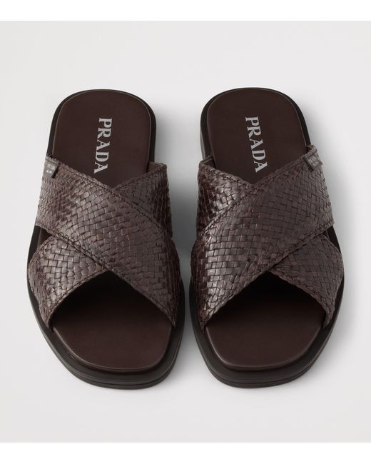 Prada Brown Leather Woven Crisscross Sandals for men
