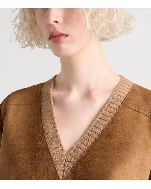 Prada Brown Wool-Cashmere Suede-Trim Sweater