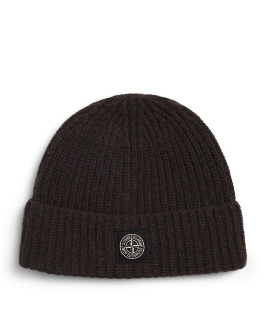 Stone Island Black Virgin Wool Logo Beanie for men
