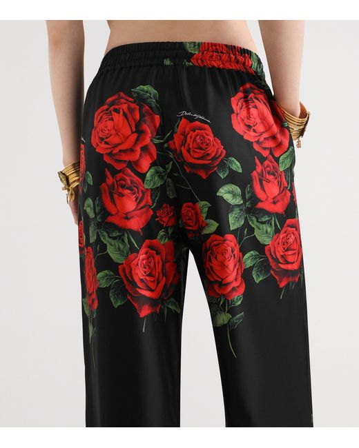 Dolce & Gabbana Red Silk Rose-Print Trousers