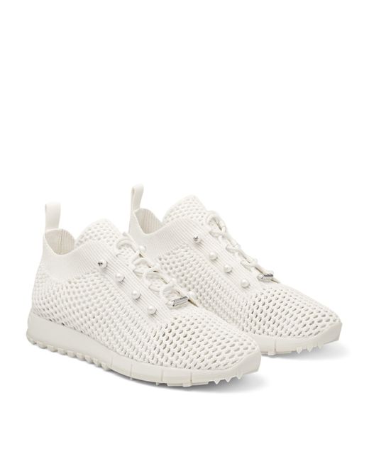 Jimmy Choo White Veles Pearl-Embellished Knitted Low-Top Trainers