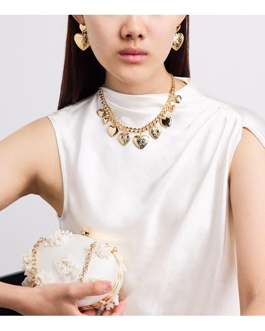 Self-Portrait Metallic Double-Heart Drop Earrings