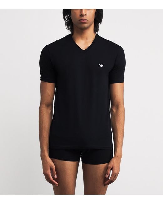 Emporio Armani Black Stretch-Cotton Eagle Logo V-Neck T-Shirt for men