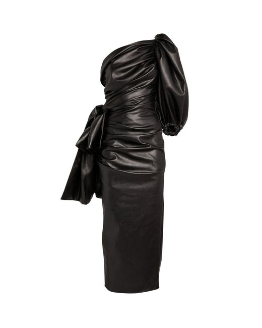 Anouki Black Vegan Leather One-shoulder Midi Dress