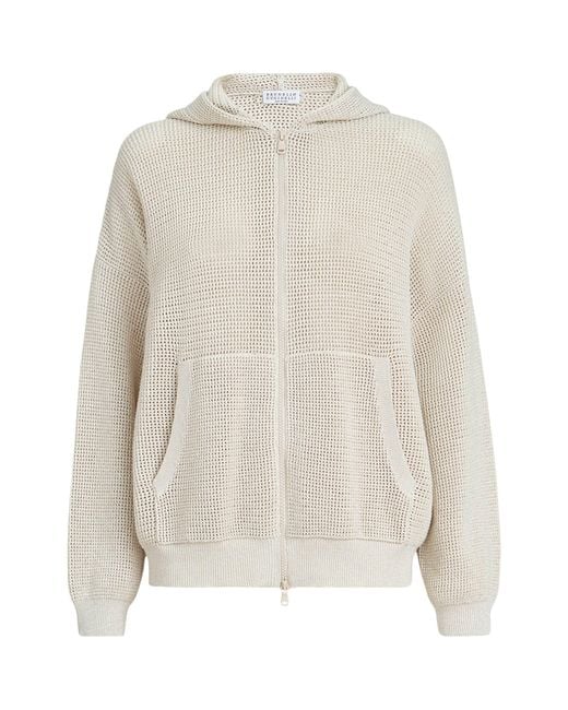 Brunello Cucinelli White Cotton-Blend Knitted Hoodie