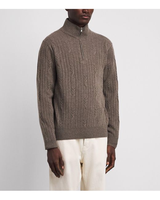FIORONI CASHMERE Brown Cashmere Cable Knit Quarter-Zip Sweatshirt for men