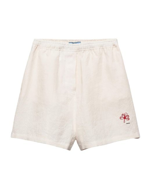 Prada Natural Slubbed Linen Embroidered Shorts