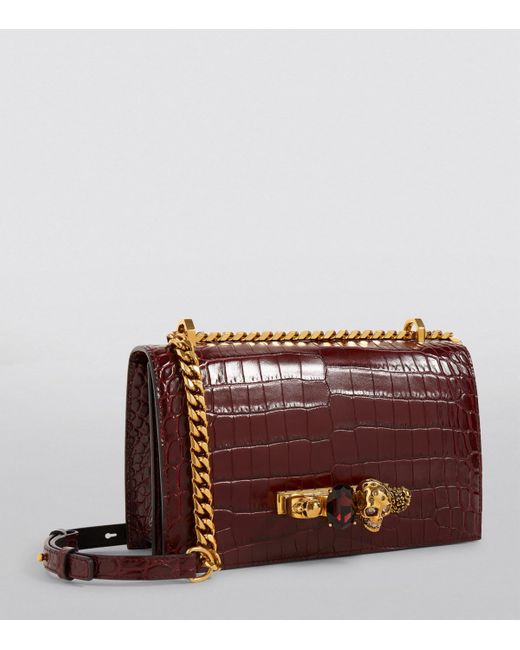 Alexander McQueen Red Medium Croc-Embossed Jewelled Satchel Bag