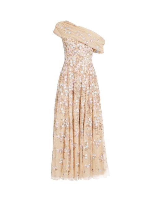 Needle & Thread Natural One-Shoulder Everett Bloom Gown
