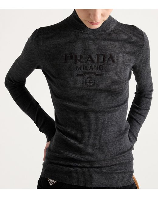 Prada Black Wool-Blend Logo Rollneck Sweater