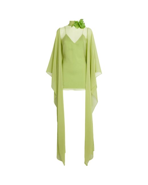 ‎Taller Marmo Green Silk Feather-Trim Lanzarote Garden Kaftan
