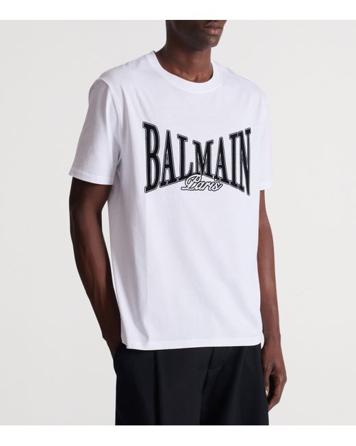 Balmain White Cotton Flocked Logo T-Shirt for men