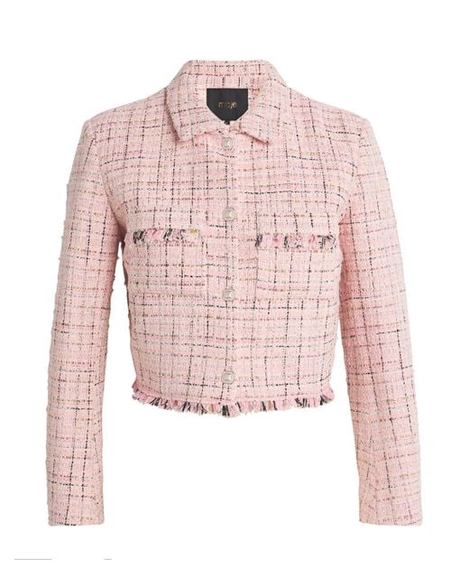 Maje Pink Tweed Frayed Cropped Jacket