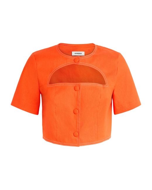 Sandro Orange Linen-Blend Tailored Cut-Out Top