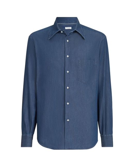Brunello Cucinelli Blue Denim Chambray Shirt for men