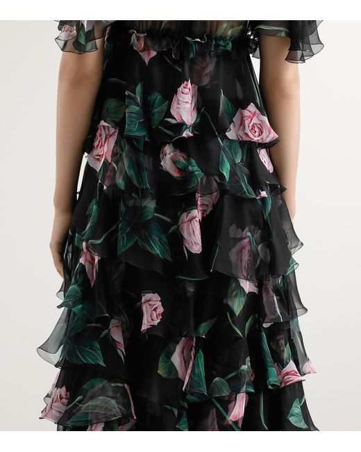 Dolce & Gabbana Black Rose- Chiffon Calf-Length Dress With Ruffles And Flounces