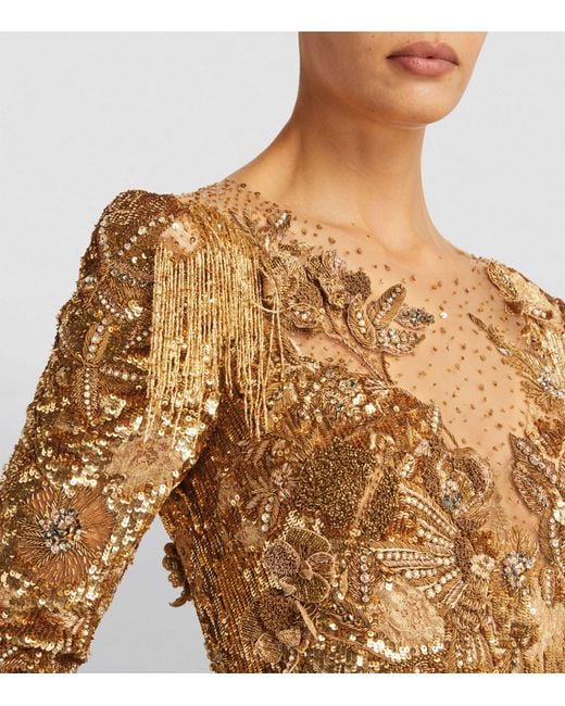 Marchesa Metallic Long-sleeve Embellished Gown