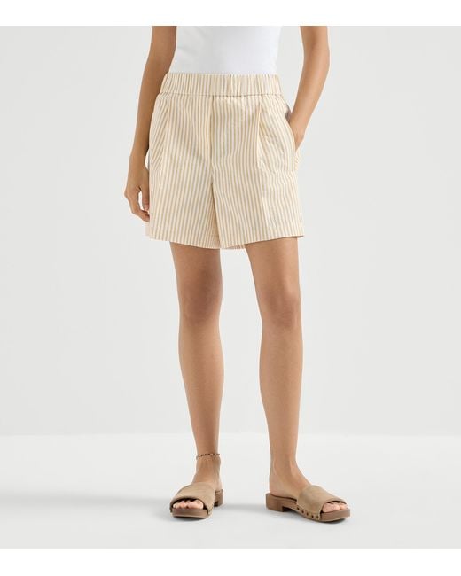 Brunello Cucinelli Natural Techno-Cotton Seersucker Stripe Shorts