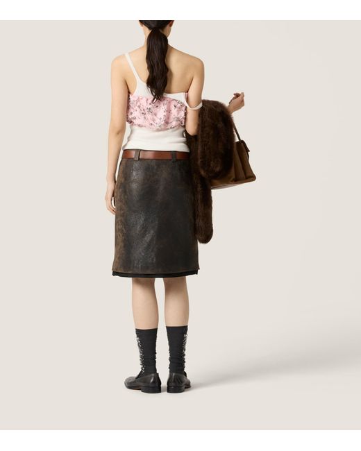 Miu Miu Black Distressed Leather Midi Skirt